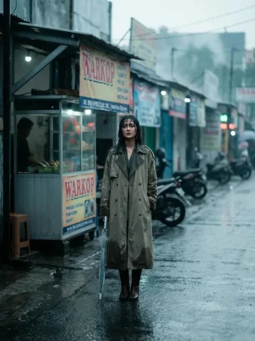 Rainy Street Indonesian Woman Full Body Fashion Editorial — Nano Banana 2 AI Prompt: Full body fashion editorial of a beautiful Indonesian woman, wet pavement outsid...