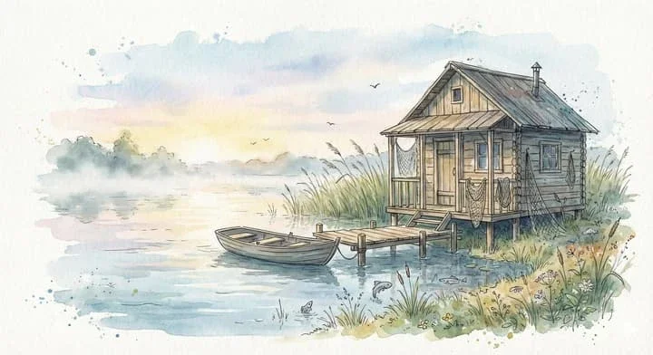 Lakeside Fishing Hut Watercolor Fantasy Illustration