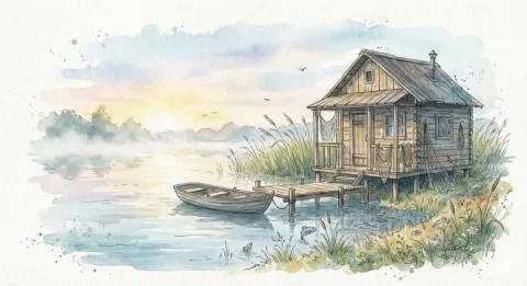 Lakeside Fishing Hut Watercolor Fantasy Illustration — Nano Banana 2 AI Prompt: Scene: A small quiet lakeside fishing hut built on wooden stilts at the water's...