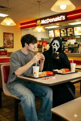 90s Ghostface McDonald's Horror Nostalgia Portrait — Nano Banana 2 AI Prompt: Create an ultra-realistic image in the horror style of the 90s. The model (man w...