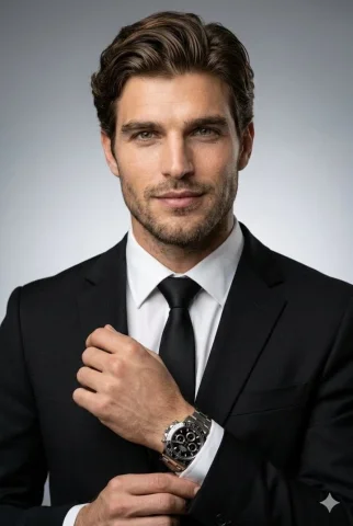 Black Suit Corporate Executive Studio Portrait — Nano Banana 2 AI Prompt: Ultra-realistic studio portrait of a confident young businessman wearing a tailo...