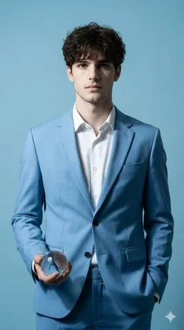 Sky Blue Suit Futuristic Editorial Fashion Portrait — Nano Banana 2 AI Prompt: A hyper-realistic fine art fashion portrait for a luxury editorial. The subject...