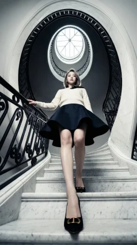 Dior Spiral Staircase Extreme Low Angle Fashion Editorial — Nano Banana 2 AI Prompt: { "portrait_prompt": { "subject": { "description": "Based on , a young East Asia...