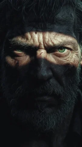 Rugged Man Green Eyes Extreme Close-up Cinematic Portrait — Nano Banana 2 AI Prompt: An extreme close-up portrait of a rugged, weathered older man with a massive, da...