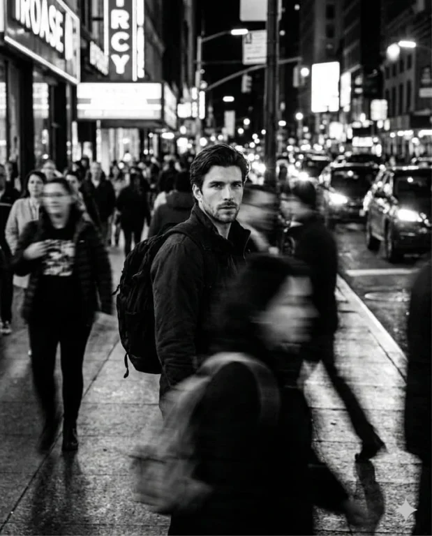 B&W Cinematic Street Portrait with Motion-Blurred Crowd