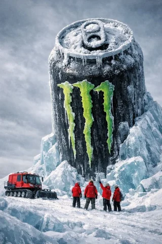 Monumental Monster Energy Can in Arctic Ice — Nano Banana 2 AI Prompt: { "scene_metadata": { "resolution": "8k", "aspect_ratio": "2:3", "style": "cinem...