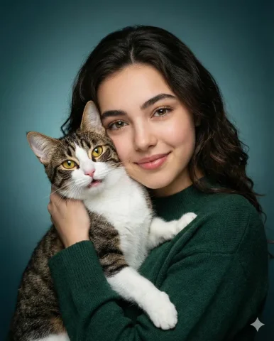 Warm Studio Portrait of Girl Hugging Tabby Cat — Nano Banana 2 AI Prompt: A soft, heartwarming studio portrait of a beautiful young woman gently hugging a...