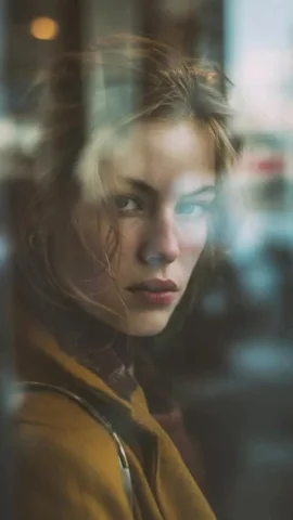 Glass Window Reflection Layered Urban Portrait — Nano Banana 2 AI Prompt: Reflection in glass window, layered composition, subject of a beautiful woman pa...