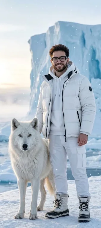 Arctic White Wolf and Winter Outfit Portrait
