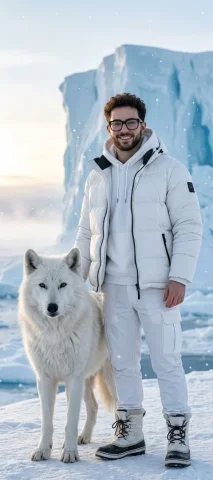 Arctic White Wolf and Winter Outfit Portrait — Nano Banana 2 AI Prompt: { "image_generation_prompt": { "shot_type": "high-detail full body shot", "subje...