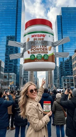 Giant Peanut Butter Jar Skyscraper Ad Installation — Nano Banana 2 AI Prompt: use the same face from the reference image without changing facial features. A m...