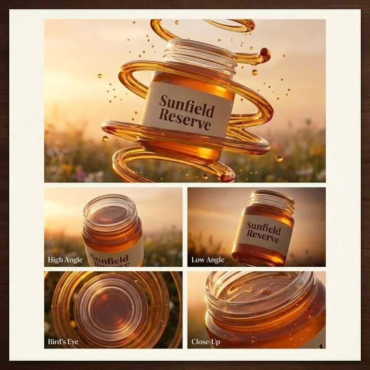 Floating Glass Honey Jar Golden Advertisement
