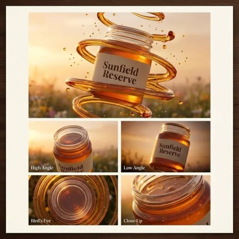 Floating Glass Honey Jar Golden Advertisement — Nano Banana 2 AI Prompt: Ultra-realistic glass honey jar labeled “Sunfield Reserve” floating in a soft su...
