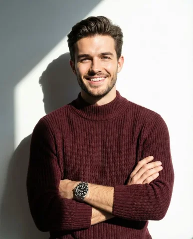 Maroon Sweater Sunlit Male Portrait — Nano Banana 2 AI Prompt: A man smiling and posing with his arms crossed, wearing a maroon knitted high-co...