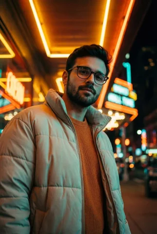 Neon Tunnel Orange Puffer Male Portrait — Nano Banana 2 AI Prompt: Ultra realistic cinematic fashion portrait of a young man round glasses, looking...