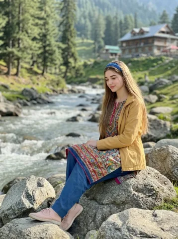 Mountain Stream Serene Sitting Portrait — Nano Banana 2 AI Prompt: { "image_generation": { "subject": { "description": "young woman sit...