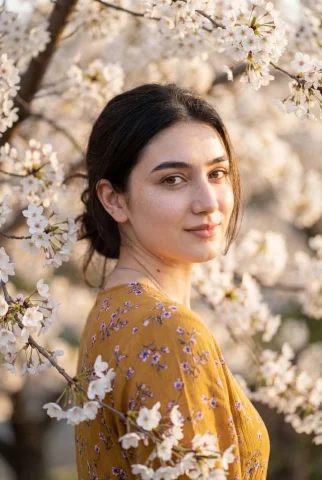 Cherry Blossom Golden Hour Portrait — Nano Banana 2 AI Prompt: Ultra-realistic portrait of a young woman standing among blooming white cherry b...