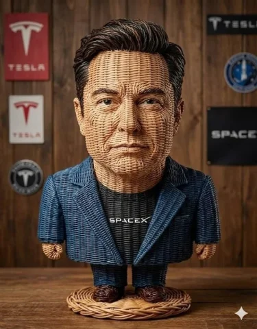 Wicker Rattan Caricature Figurine — Nano Banana 2 AI Prompt: A highly detailed stylized caricature figurine of a person made entirely from wo...