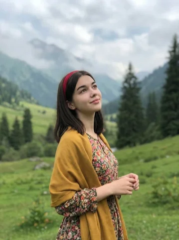 Mountain Valley Traditional Dress Portrait — Nano Banana 2 AI Prompt: { "image_generation": { "subject": { "description": "young woman standing in a l...