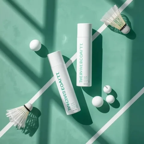 Mint Badminton Court Sports Product Flat Lay — Nano Banana 2 AI Prompt: Ultra-realistic flat lay sports product photography on a vibrant mint-green badm...