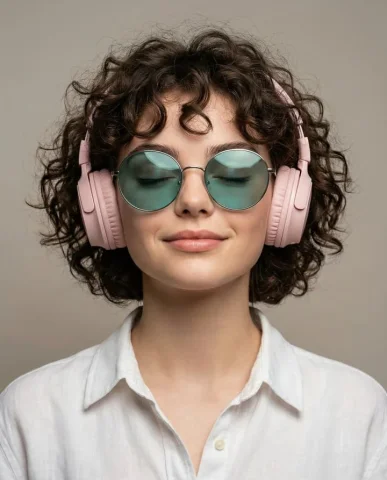 Serene Headphones Studio Portrait — Nano Banana 2 AI Prompt: Create a ultra-realistic studio portrait of a fashionable woman centered in fram...