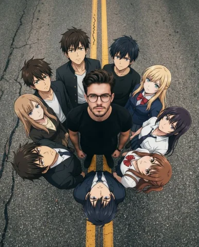 Anime Hybrid Group Top-Down — Nano Banana 2 AI Prompt: Create a cinematic hybrid real-life + anime group scene from a high top-down cam...
