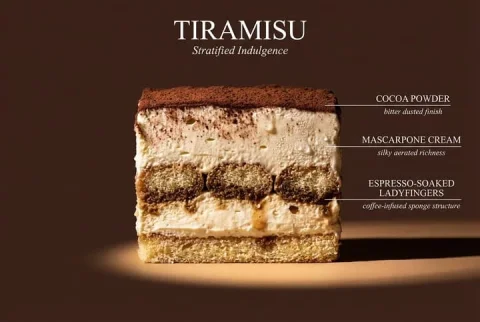Cross-Section Dessert Diagram — Nano Banana 2 AI Prompt: Perfect cinematic cross-section cut through [DISH], sliced cleanly down the cent...