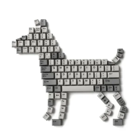 Keycap Dog Flat Lay — Nano Banana 2 AI Prompt: Create a photorealistic 8K top-down flat lay composition of a dog formed entirel...