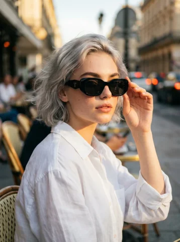 European Outdoor Café Silver Hair Sunglasses Woman — Nano Banana 2 AI Prompt: Photorealistic portrait of a stylish young woman sitting at an outdoor European...