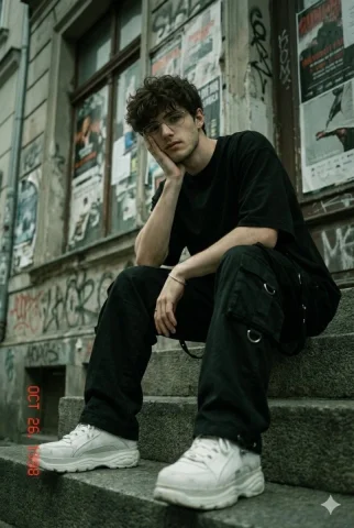 Graffiti Street Black Cargo Cool Guy Retro Film — Nano Banana 2 AI Prompt: A young man sitting on old concrete steps in front of a worn-out, grunge-style b...