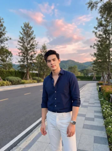 Sunset Sidewalk Navy Shirt Men Fashion Portrait — Nano Banana 2 AI Prompt: A stylish young man standing on a modern sidewalk at sunset, wearing a navy blue...