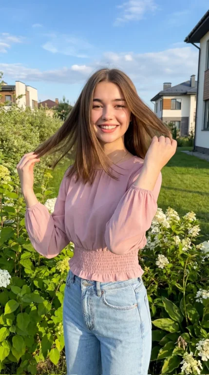 Garden Sunlight Pink Blouse Fresh Girl Portrait