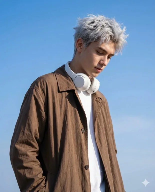 Silver-White Hair Blue Sky White Shirt Headphone Male Portrait