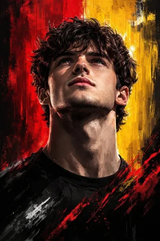Red Yellow Bold Digital Painting Determined Portrait — Nano Banana 2 AI Prompt: Create a dramatic digital painting style portrait of a young male a reference im...