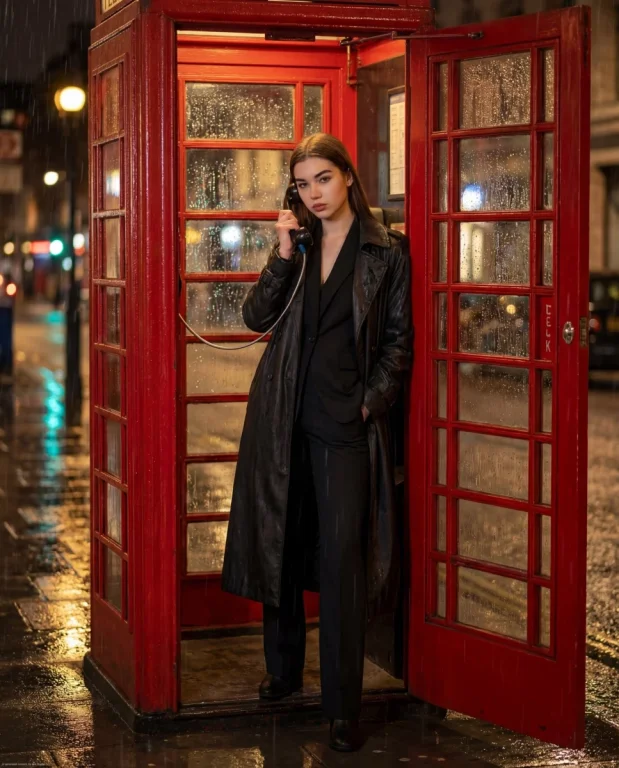 Rainy London Night Red Telephone Booth Fashion Editorial