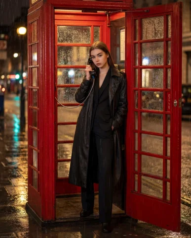 Rainy London Night Red Telephone Booth Fashion Editorial — Nano Banana 2 AI Prompt: { "type": "image_generation_prompt", "style": "ultra-photorealistic, cinemat...