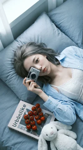 Lazy Sunday Afternoon Bed Camera Girlfriend Shot — Nano Banana 2 AI Prompt: { "portrait_prompt": { "subject": { "description": "Based on , young...