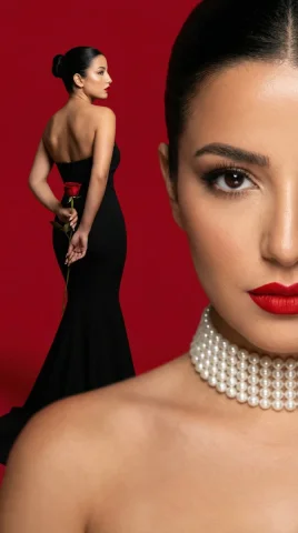 Red Rose Pearl Vogue Cover Layered Editorial — Nano Banana 2 AI Prompt: Hyper-stylized, aggressive Vogue-cover-level beauty editorial composition (NO TE...