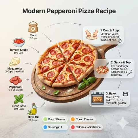 Ultra-Clean Recipe Infographic Editorial Design — Nano Banana 2 AI Prompt: Ultra-clean modern recipe infographic. Showcase Pizza in a visually appealing fi...