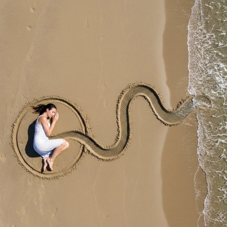 Beach Land Art Curled Woman Bird Eye View