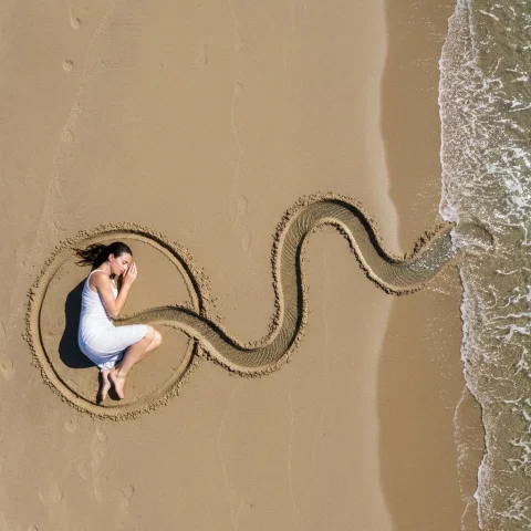 Beach Land Art Curled Woman Bird Eye View — Nano Banana 2 AI Prompt: { "frame": { "aspect_ratio": "3:2", "shot_size": "Wide Shot (WS)",...