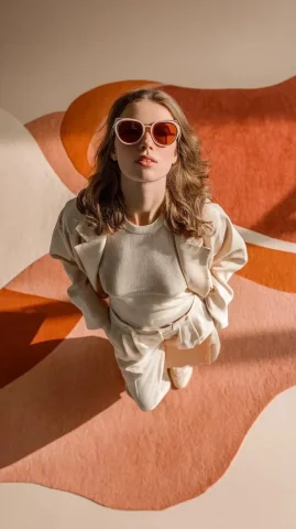 Overhead Fashion Sunglasses Abstract Rug Editorial — Nano Banana 2 AI Prompt: Western european female model, fair skin, wearing modern stylish sunglasses, ful...