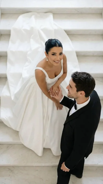 White Marble Staircase Wedding Overhead Editorial