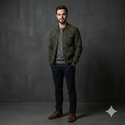 Modern Casual Studio Male Editorial Portrait — Nano Banana 2 AI Prompt: Photorealistic studio portrait of the same man as the reference, preserving his...