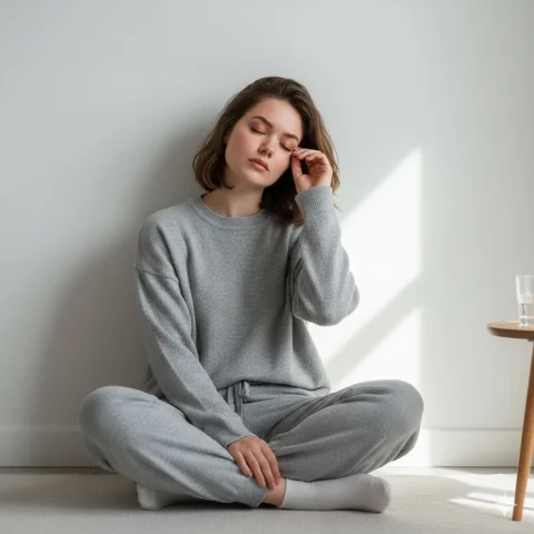 Cozy Sleepy Girl Portrait Before Sahur — Nano Banana 2 AI Prompt: Create an ultra-realistic 8K portrait in 9:16 resolution of a woman sitting cros...