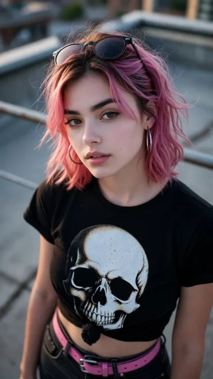 Pink Hair Rooftop Sunset Street Editorial Portrait