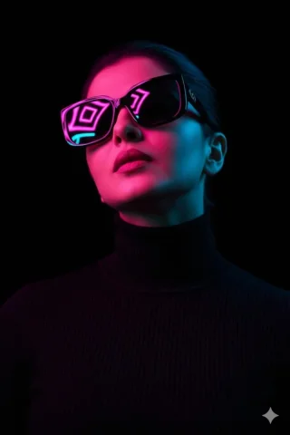 Cyberpunk Neon Sunglasses Futuristic Portrait — Nano Banana 2 AI Prompt: Futuristic portrait of a stylish person wearing oversized glossy black sunglasse...