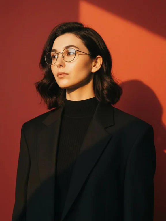 Fashion Portrait with Geometric Shadows on Red Wall