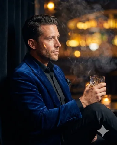Elegant Gentleman in Jazz Lounge with Whiskey — Nano Banana 2 AI Prompt: Seated in the corner of a dimly lit, opulent jazz lounge, the man attached in th...
