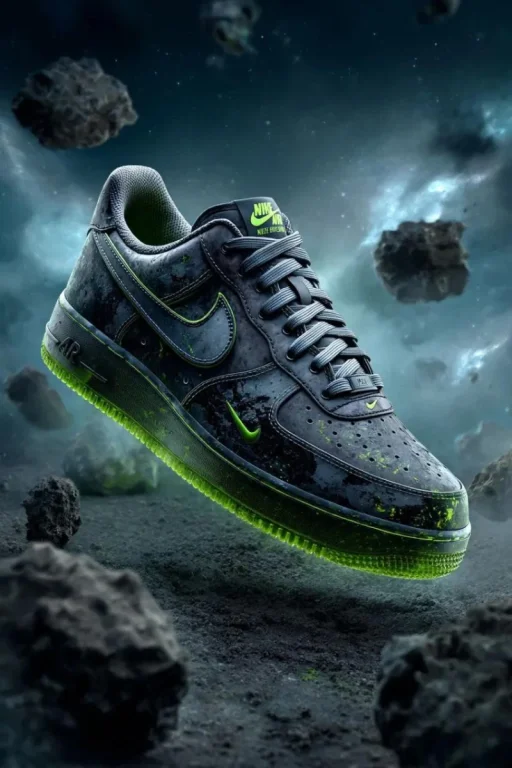 Black Meteorite Nike Shoe Floating in Space
